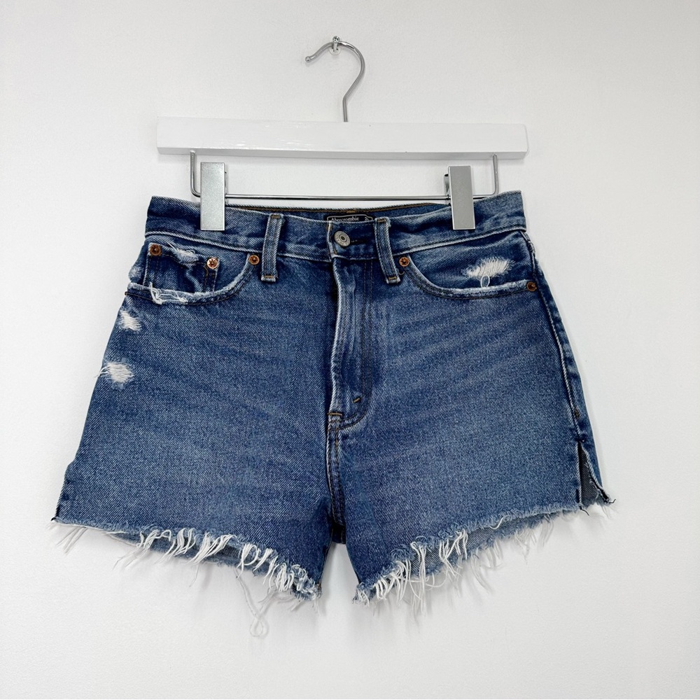 Abercrombie & Fitch Annie High Rise Distressed Denim Shorts in Dark Wash
